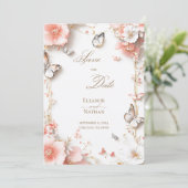 Invitation Papillons et fleurs Enregistrez la date (Debout devant)