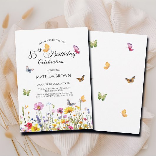 Invitation Papillons et Fleurs sauvages Élégant 85e anniversa