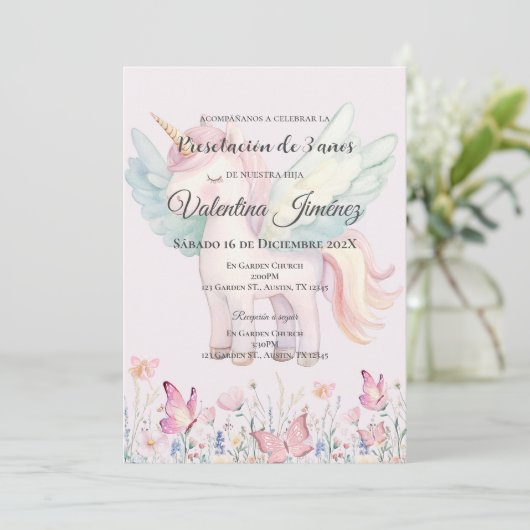 Invitation Papillons et poneys 3ème anniversaire en espagnol (Debout devant)