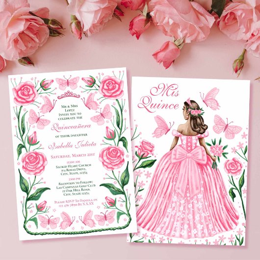Invitation Papillons et princesse Rose rose Quinceanera