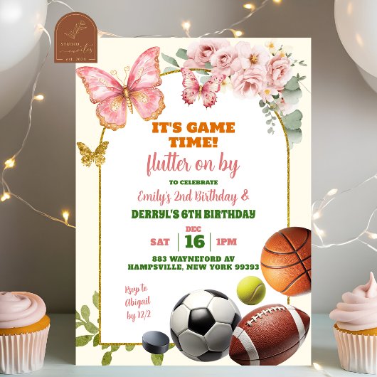 Invitation Papillons et sport Jour de l'Anniversaire