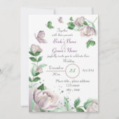 Invitation papillons feuille vert fleurs violettes mariage (Devant)