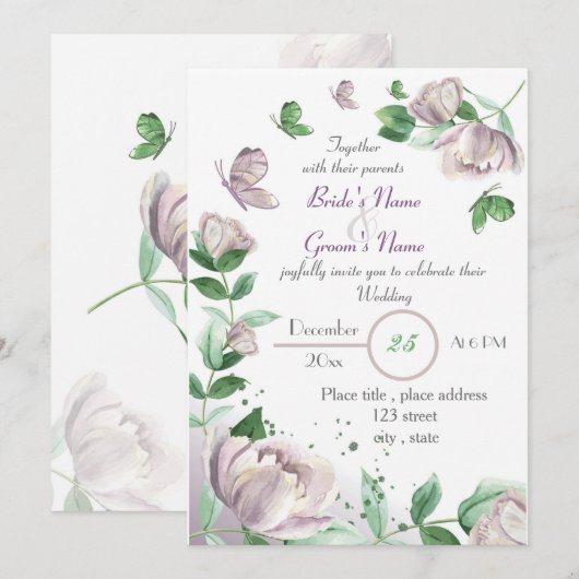 Invitation papillons feuille vert fleurs violettes mariage (Devant / Derrière)