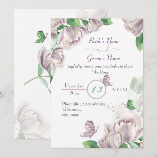 Invitation papillons feuille vert fleurs violettes mariage da (Devant / Derrière)