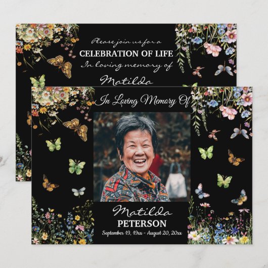 Invitation Papillons fleur sauvage 1 Photo Funéraire Invitati (Devant / Derrière)
