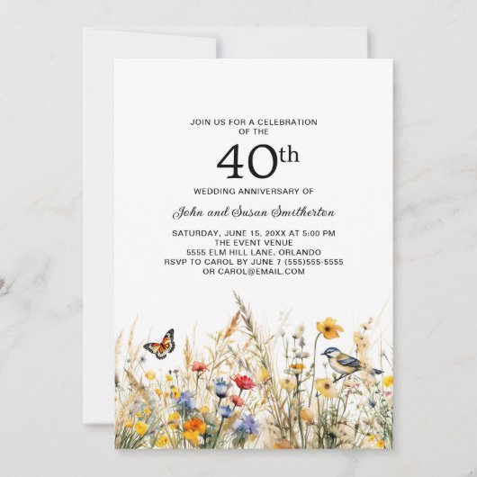 Invitation Papillons fleur sauvage 40e anniversaire (Devant)