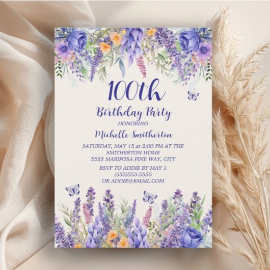 Invitation Papillons Fleuris de Lavande Violette 100e Anniver