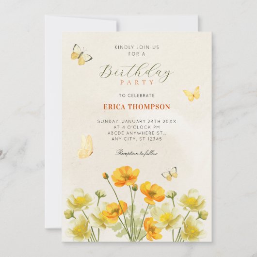 Invitation Papillons fleuris jaunes (Devant)