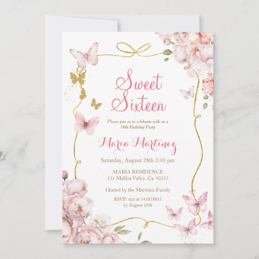 Invitation Papillons Fleurs Avec Parties scintillant Or Douce (Devant)