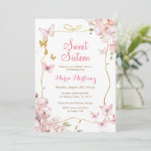 Invitation Papillons Fleurs Avec Parties scintillant Or Douce (Debout devant)