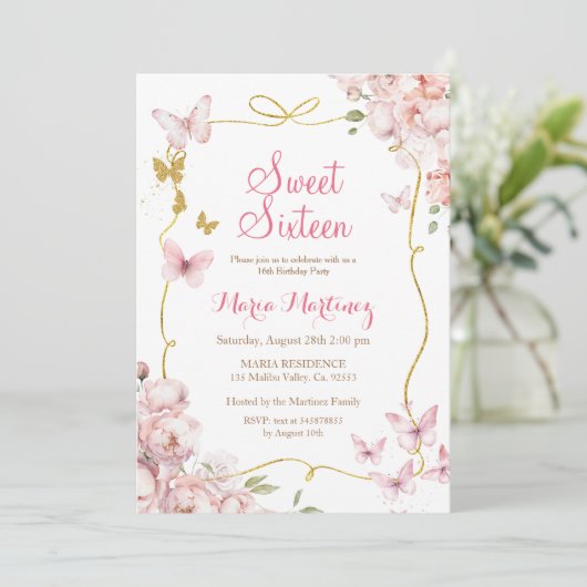 Invitation Papillons Fleurs Avec Parties scintillant Or Douce (Debout devant)