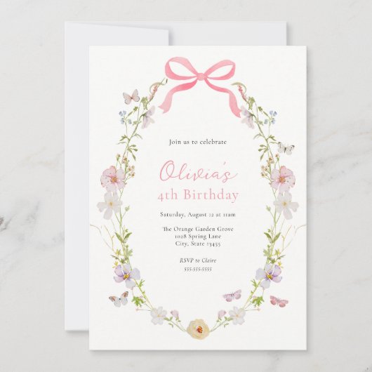 Invitation Papillons Fleurs sauvages roses Fille Anniversaire (Devant)