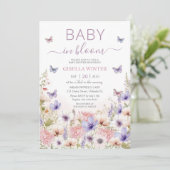 Invitation Papillons Fleurs sauvages violets rose bébé en fle (Debout devant)