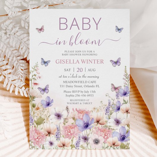 Invitation Papillons Fleurs sauvages violets rose bébé en fle