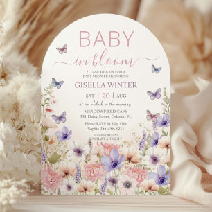 Invitation Papillons Fleurs sauvages violets rose bébé en fle