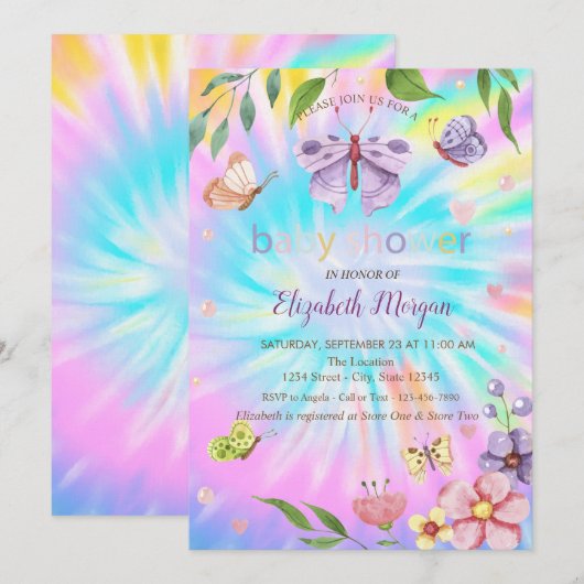 Invitation Papillons Fleurs Tie Dye Baby shower (Devant / Derrière)