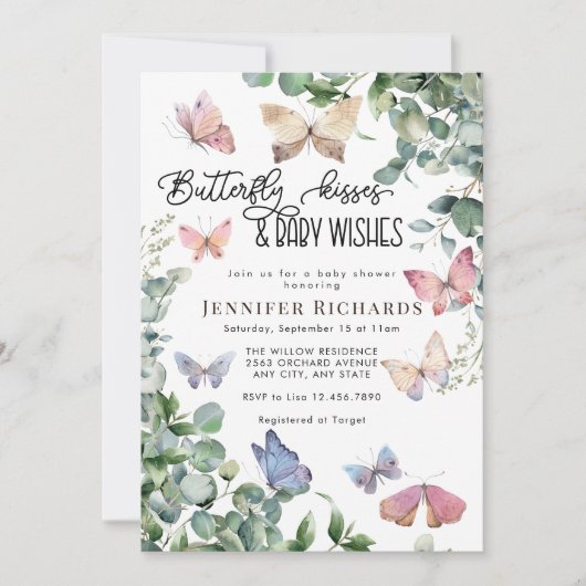 Invitation Papillons Floral | Baby shower Eucalyptus (Devant)