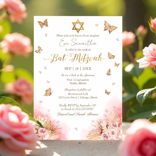 Invitation Papillons Floral Bat mitzvah d'huile d'or