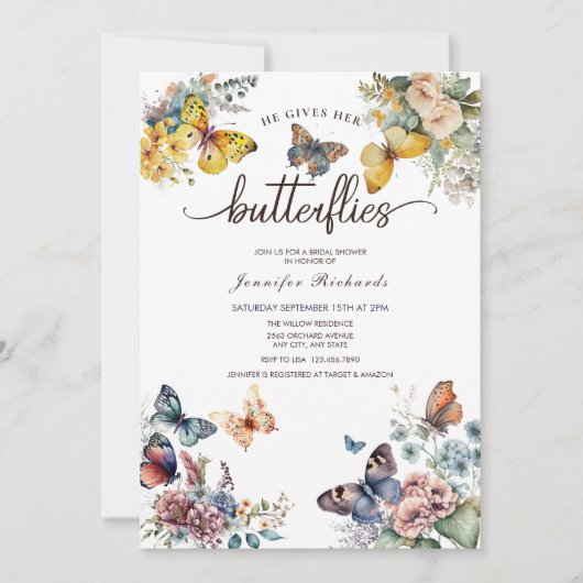 Invitation Papillons Floral | Fête des mariées aquarelle (Devant)