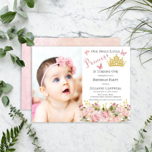 Invitation Papillons Floral Princesse Photo 1er anniversaire