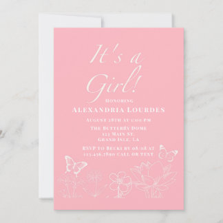 Invitation Papillons & Floral rose blanc Baby shower fille