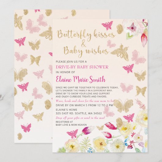 Invitation Papillons Floral Rose Or Conduit Par Baby shower (Devant / Derrière)