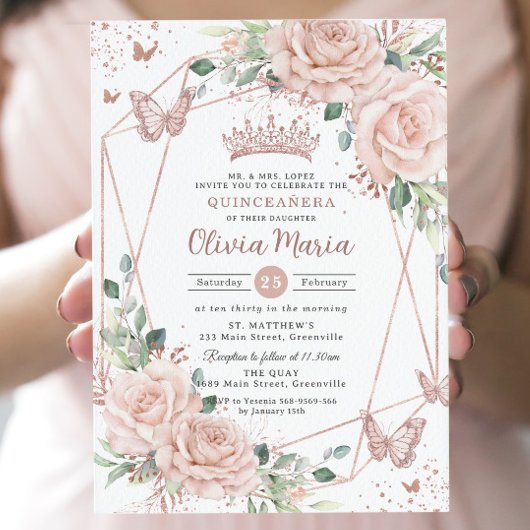 Invitation Papillons florale Blush Rose Gold Quinceañera