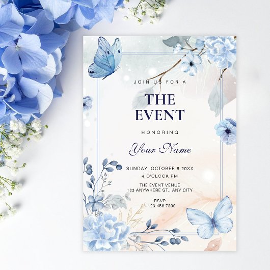 Invitation Papillons floraux bleus 
