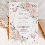 Invitation Papillons Floraux bleus Rose Sweet sixteen or<br><div class="desc">Personnalisez cette élégante carte d'invitation Sweet 16 anniversaire rose pâle, facilement et rapidement. Cliquez simplement sur le bouton Modifier à l'aide des outils de conception pour modifier les textes, modifier les polices et les couleurs des polices. Doté d'une douce aquarelle rose vif, de papillons roses en or et d'un cadre...</div>