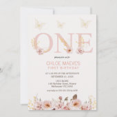 Invitation Papillons floraux Boho rose chic 1er anniversaire (Devant)