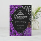 Invitation Papillons floraux d'argent pourpre Quinceanera (Debout devant)