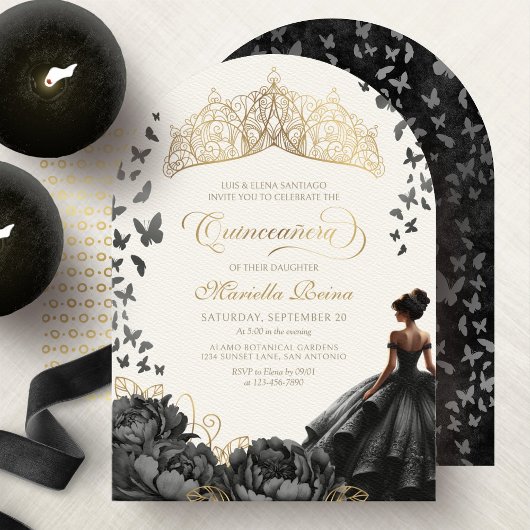 Invitation Papillons floraux d'or noir Couronne Quinceanera