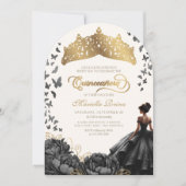 Invitation Papillons floraux d'or noir Couronne Quinceanera (Devant)