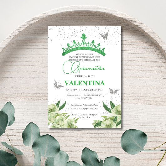 Invitation Papillons floraux modernes Sage Green Quinceañera