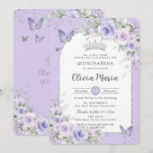 Invitation Papillons floraux pourpres de lavande Quinceañera (Devant / Derrière)