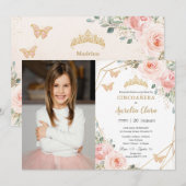 Invitation Papillons floraux rose pâle Cincoañera Photo (Devant / Derrière)