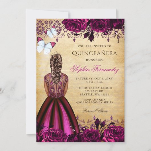 Invitation Papillons floraux rose princesse Quinceañera (Devant)