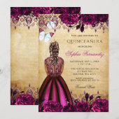 Invitation Papillons floraux rose princesse Quinceañera (Devant / Derrière)