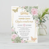 Invitation Papillons floraux rose rose Sage Quinceañera (Debout devant)