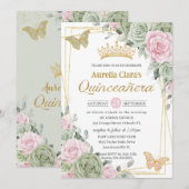 Invitation Papillons floraux rose rose Sage Quinceañera (Devant / Derrière)