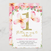 Invitation Papillons floraux roses Parties scintillant d'or 1 (Devant / Derrière)