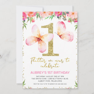 Invitation Papillons floraux roses Parties scintillant d'or 1
