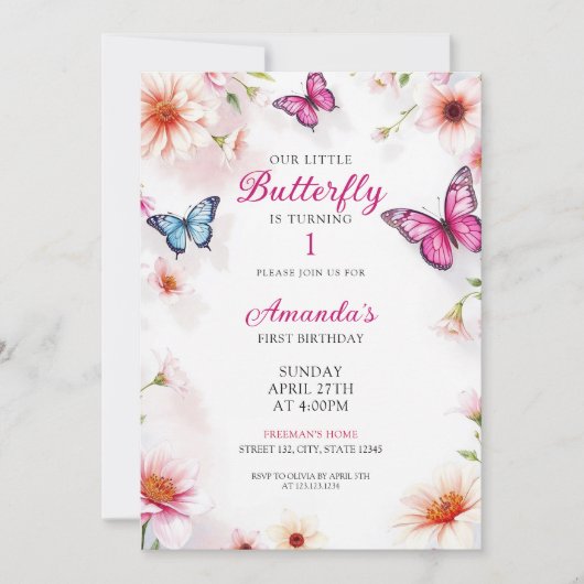 Invitation Papillons floraux roses pour bébé fille 1er annive (Devant)