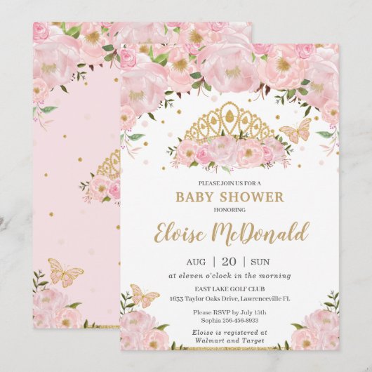 Invitation Papillons floraux roses Princess Tiara Baby shower (Devant / Derrière)