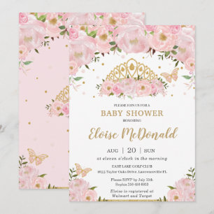 Invitation Papillons floraux roses Princess Tiara Baby shower