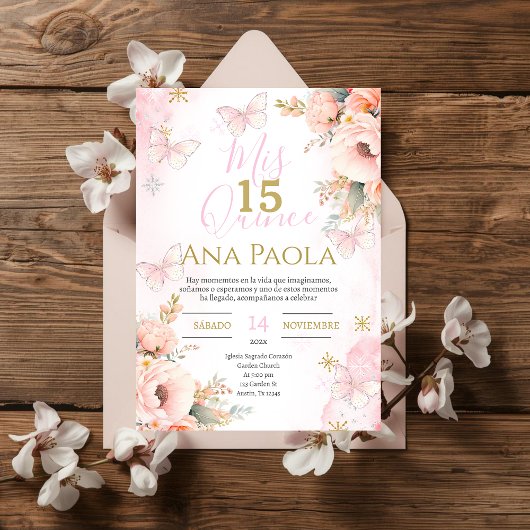 Invitation Papillons floraux roses Quinceañera