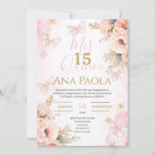 Invitation Papillons floraux roses Quinceañera (Devant)