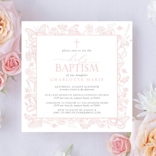 Invitation Papillons floraux roses rousses Croix du Baptême