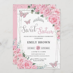 Invitation Papillons floraux roses Sweet sixteen 16 Anniversa