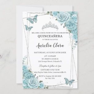Invitation Papillons floraux turquoise Silver Quinceañera